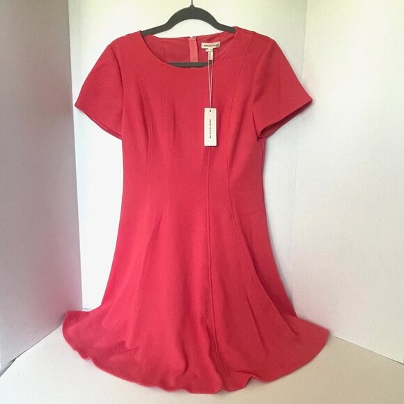 Rebecca Taylor Fit & Flare Dress Womens 12 Pink Short Sleeve Stretch Knit Coral - Picture 9 of 9